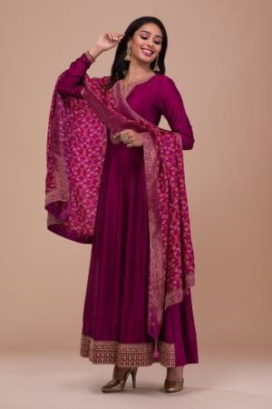 Wine Zariwork Art Silk Readymade Anarkali Suit