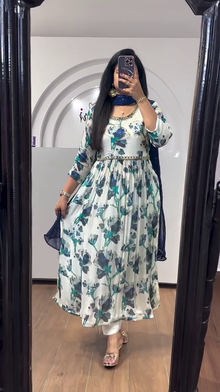 White and Blue Stains Organza Printed Anarkali Gown With Pant & Dupatta Set