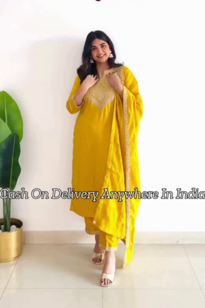 Yellow Ethnic Motifs Embroidered Panelled Kurta With Trousers & Dupatta