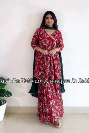 Floral Printed Angrakha Anarkali Kurta with Sharara & Dupatta