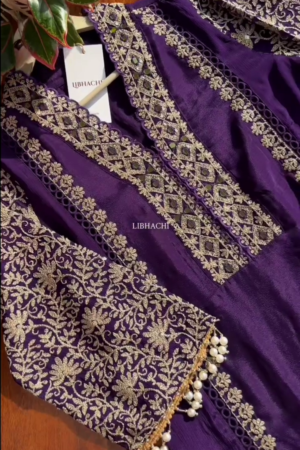 Dark Purple Chinon Heavy embroidered & Pearl Work Straight Suit with Beautiful Duppata