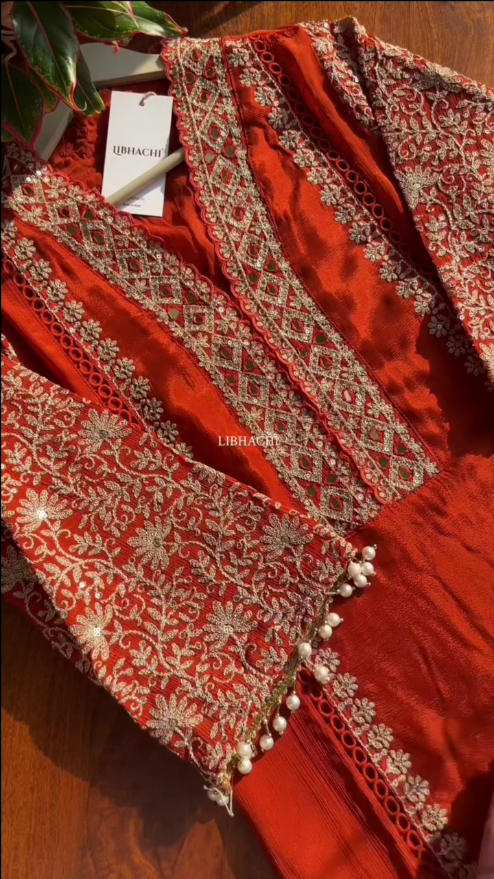 Dark Orange Chinon Heavy embroidered & Pearl Work Straight Suit with Beautiful Duppata - Image 2