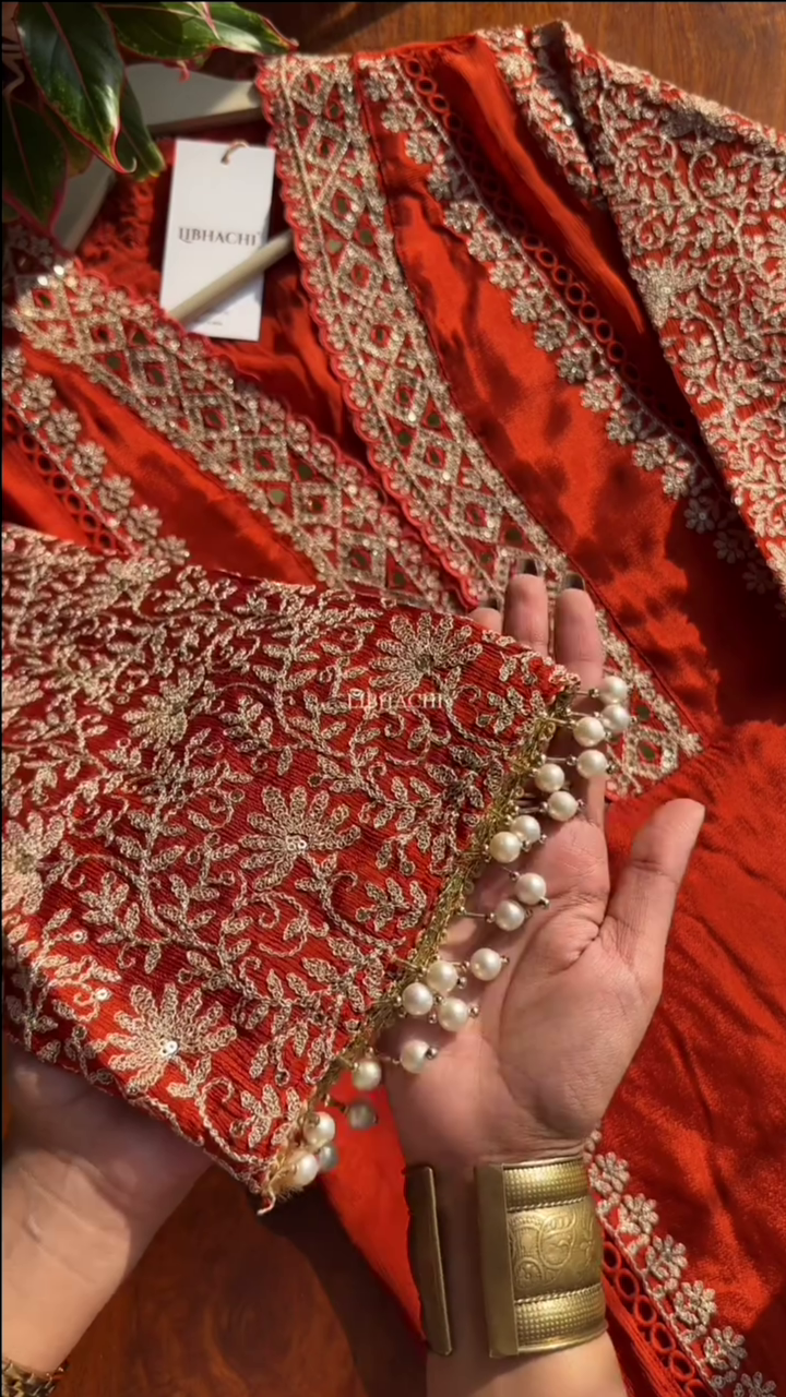 Dark Orange Chinon Heavy embroidered & Pearl Work Straight Suit with Beautiful Duppata - Image 3