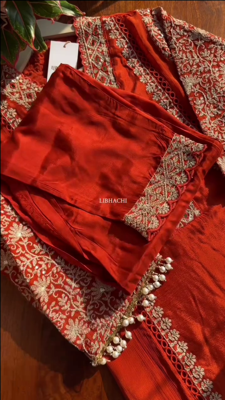 Dark Orange Chinon Heavy embroidered & Pearl Work Straight Suit with Beautiful Duppata - Image 4
