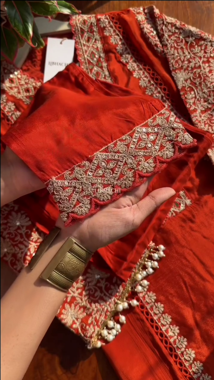 Dark Orange Chinon Heavy embroidered & Pearl Work Straight Suit with Beautiful Duppata - Image 5
