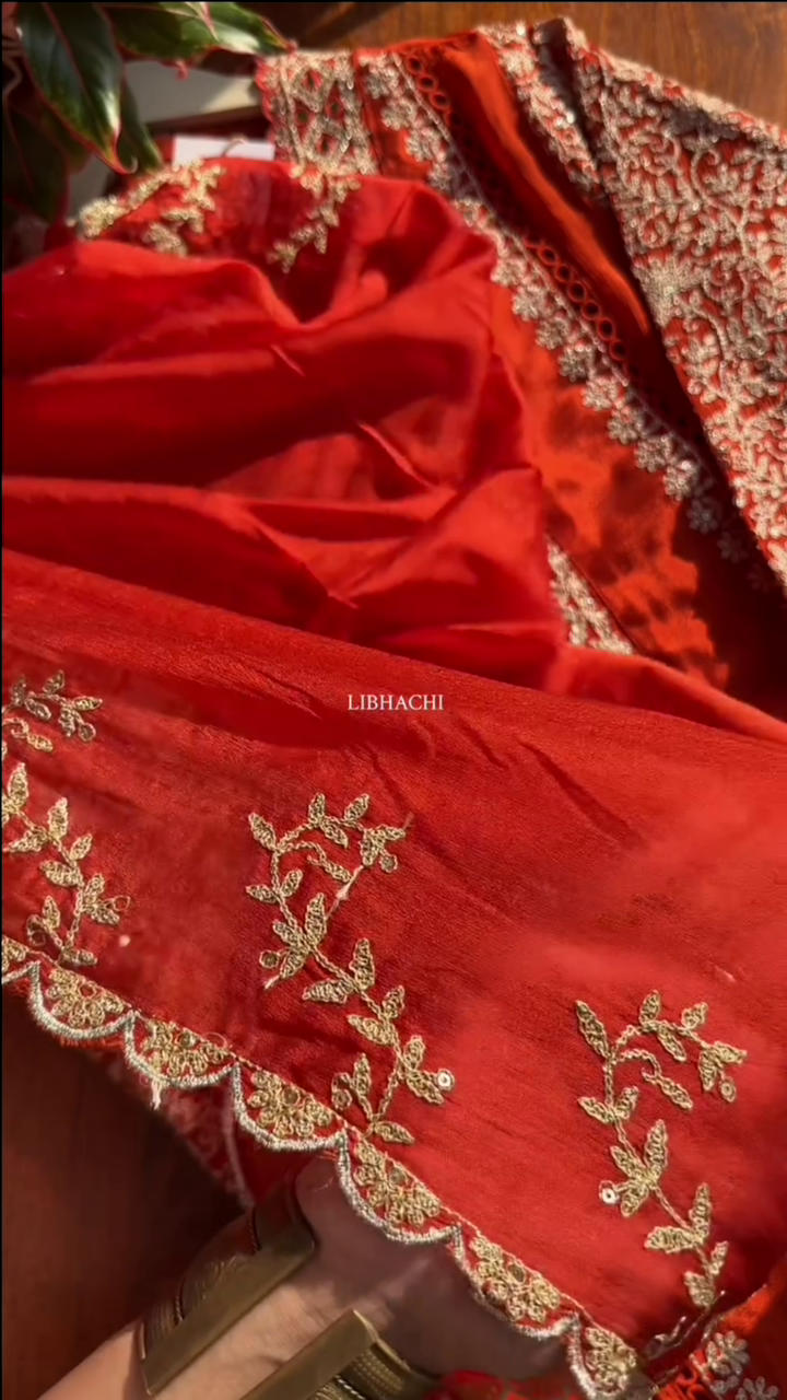 Dark Orange Chinon Heavy embroidered & Pearl Work Straight Suit with Beautiful Duppata - Image 6