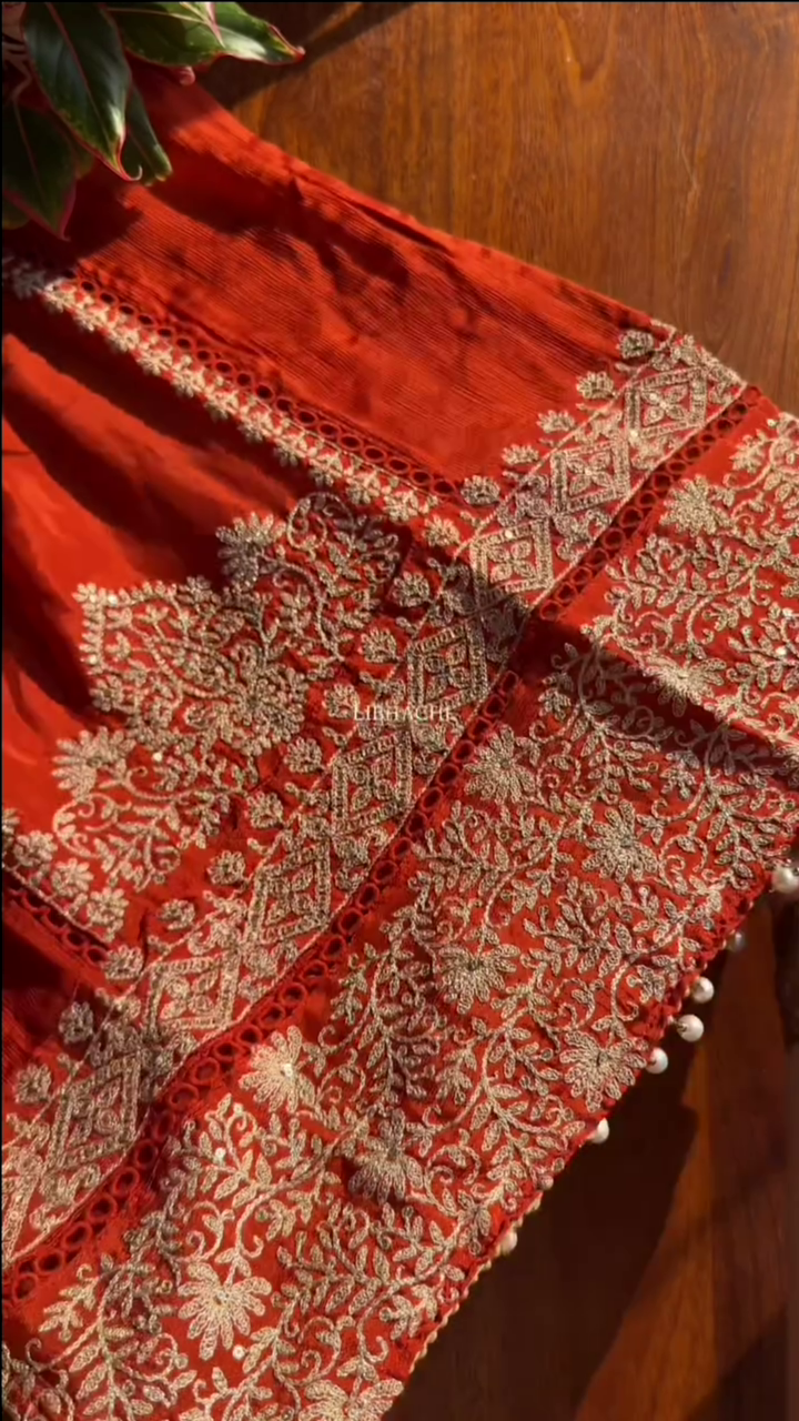 Dark Orange Chinon Heavy embroidered & Pearl Work Straight Suit with Beautiful Duppata - Image 7