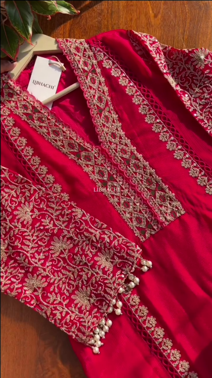 Dark Pink Chinon Heavy embroidered & Pearl Work Straight Suit with Beautiful Duppata