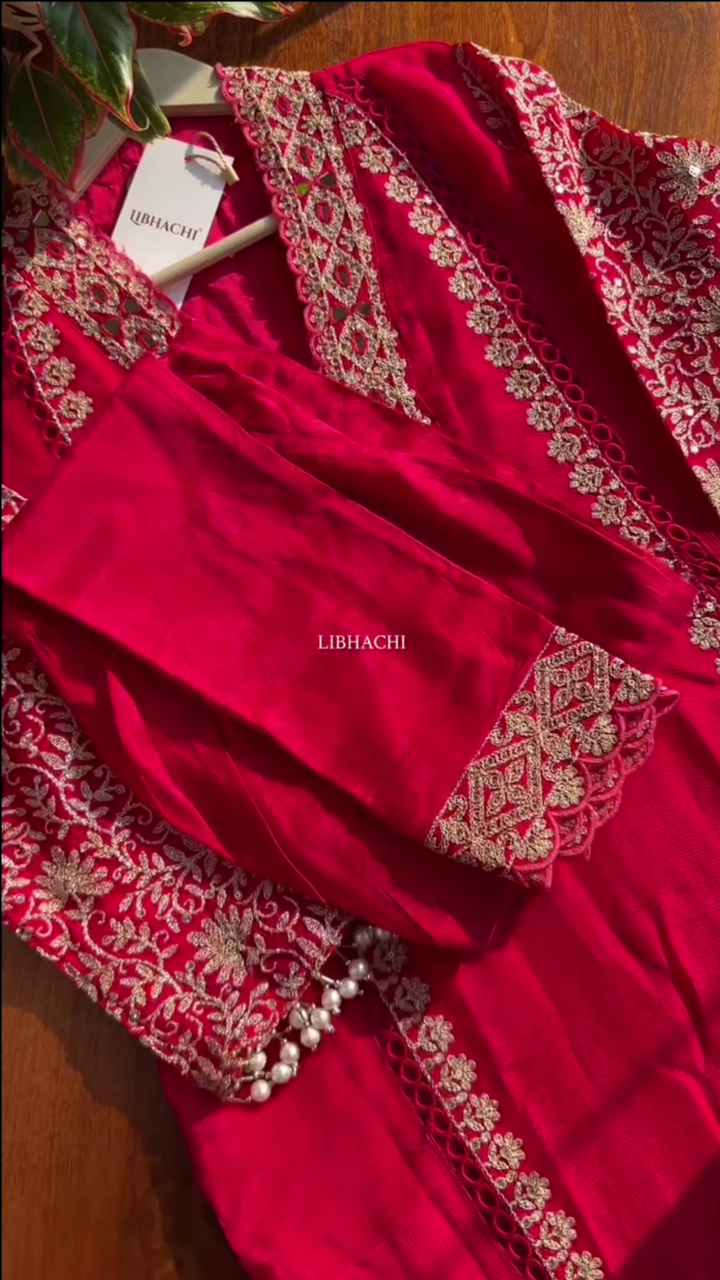 Dark Pink Chinon Heavy embroidered & Pearl Work Straight Suit with Beautiful Duppata - Image 2