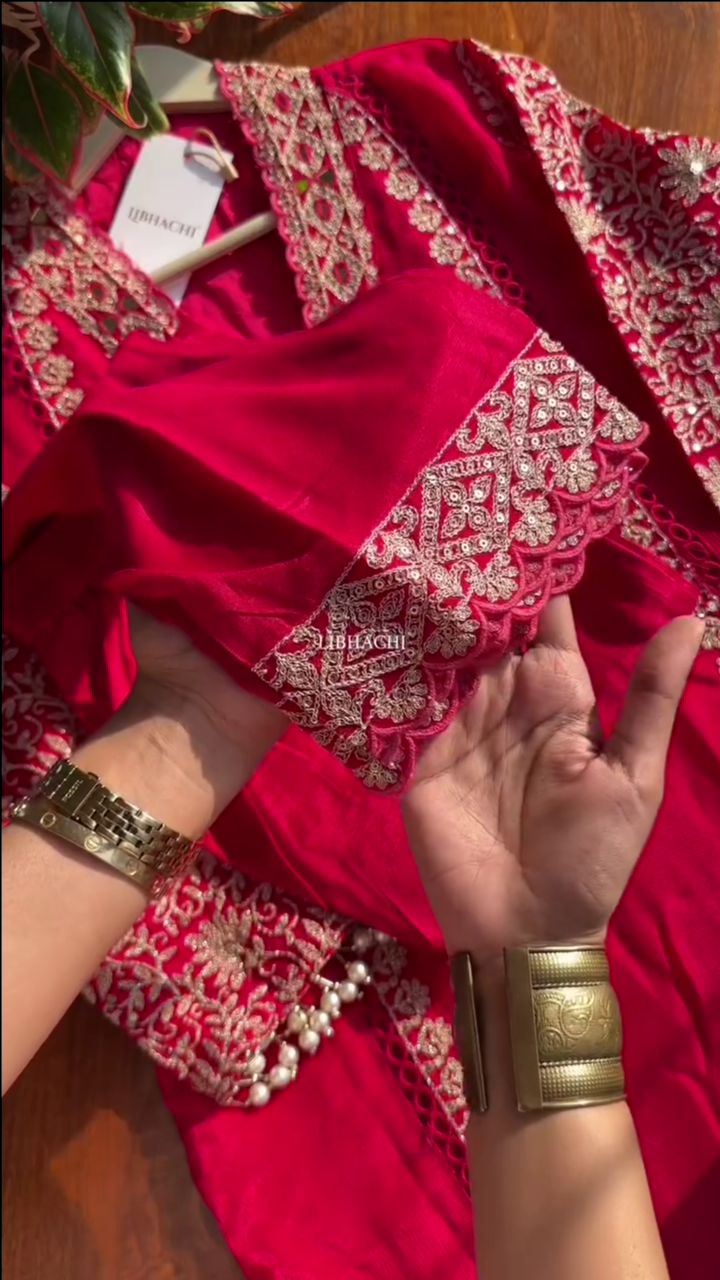 Dark Pink Chinon Heavy embroidered & Pearl Work Straight Suit with Beautiful Duppata - Image 3
