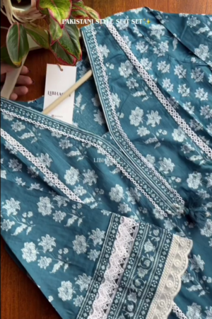 Cotton Kurta Set with Moti & Lace Embellishments - Blue