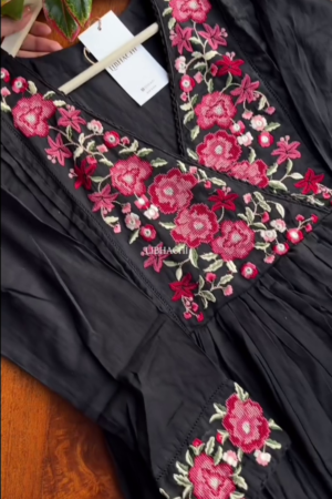 Mul Mul cotton embroidered Anarkali with pants and dupatta – Black