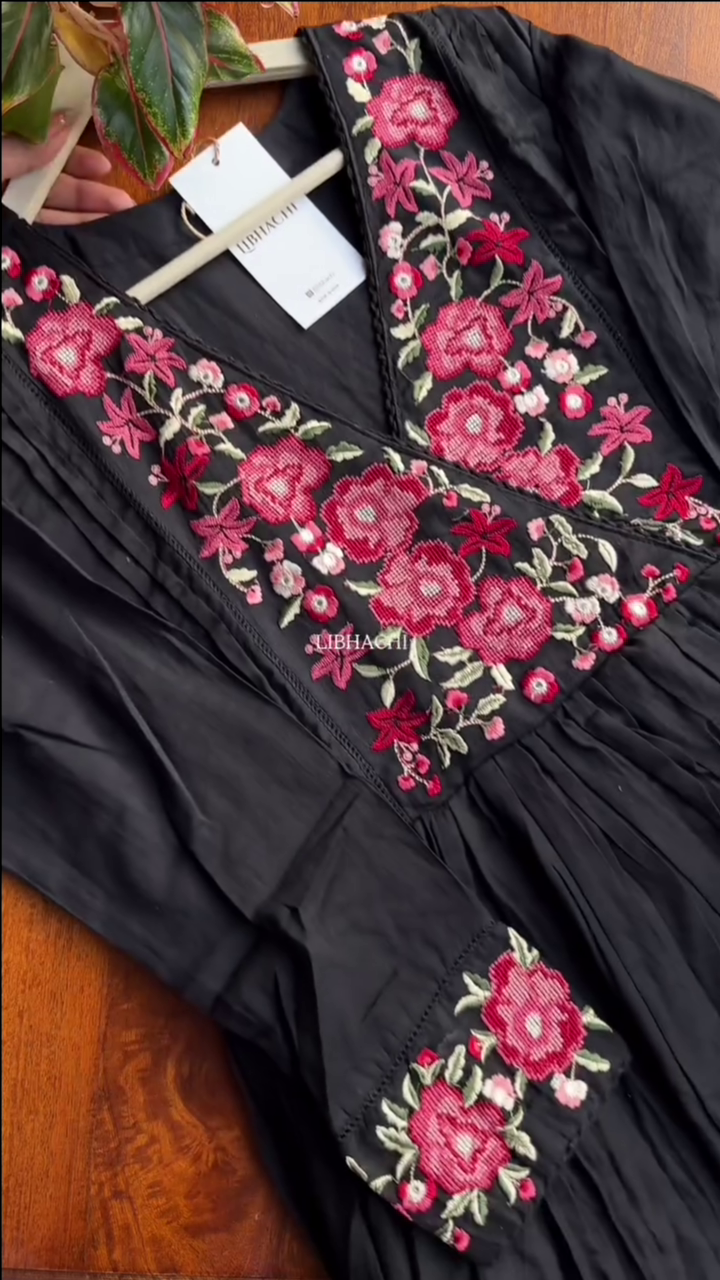 Mul Mul cotton embroidered Anarkali with pants and dupatta – Black