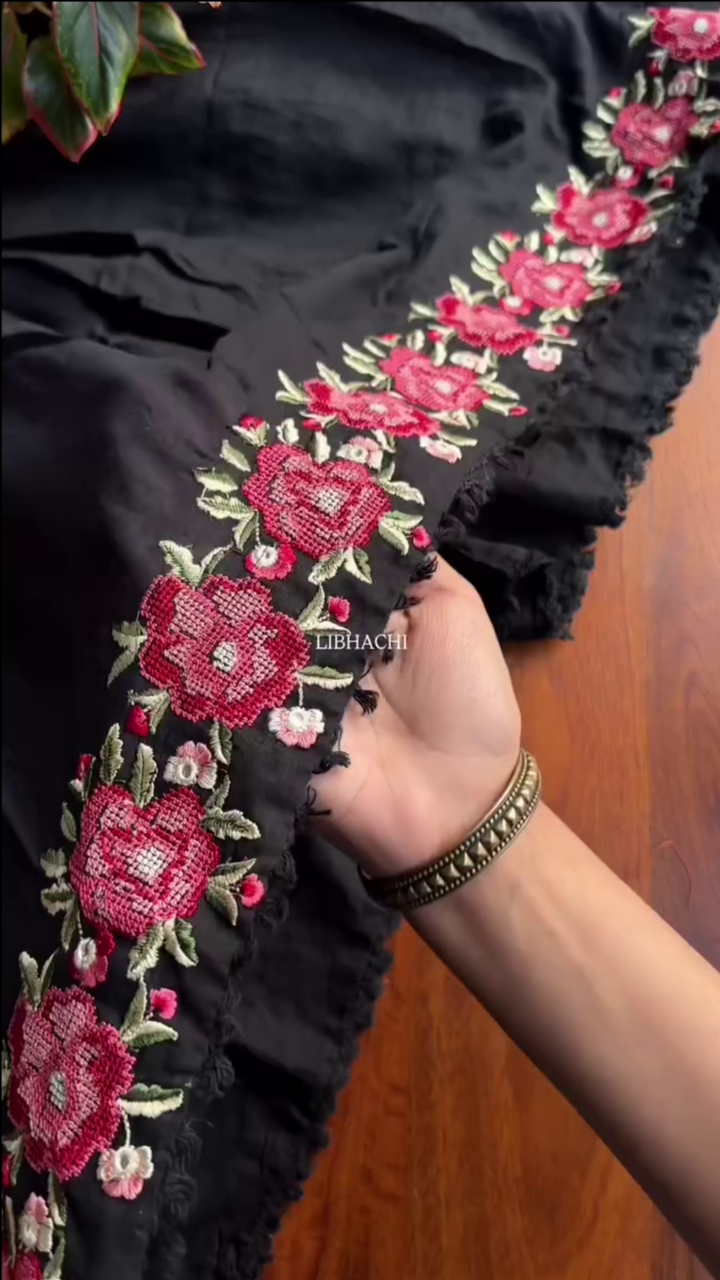 Mul Mul cotton embroidered Anarkali with pants and dupatta – Black - Image 5